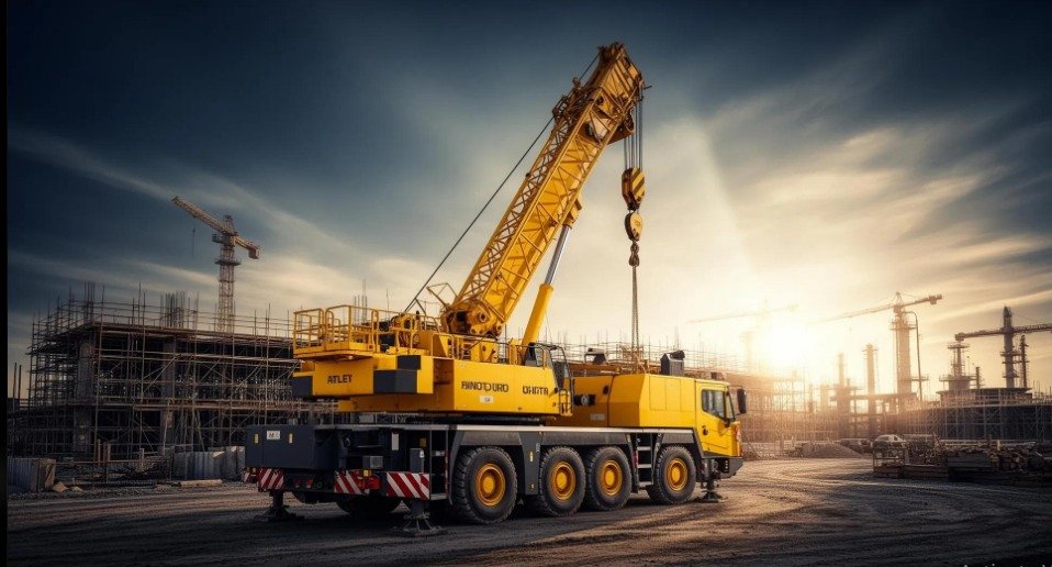 Yellow hydraulic crane at an industrial site – Baba Deep Singh Crane Service, Fatehabad